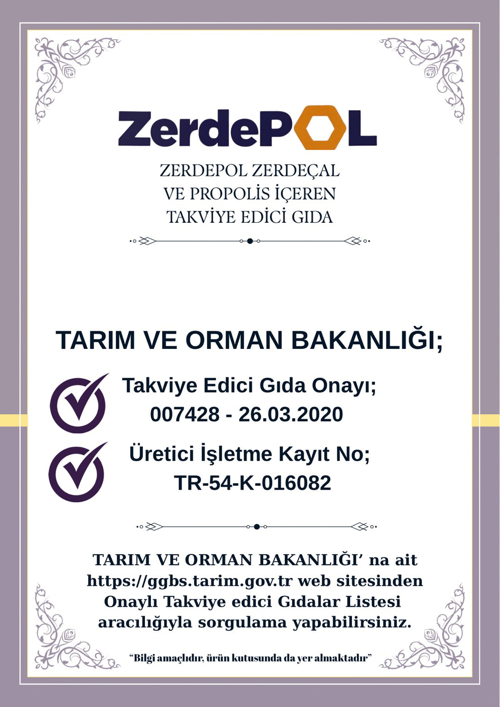 ZerdePOL takviye edici gıda onay bilgileri